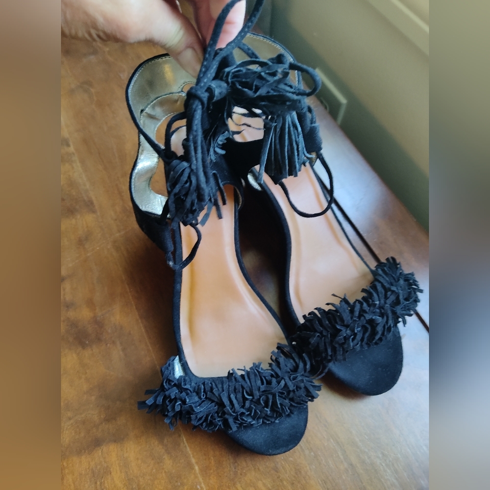 Material Girl leather ankle strap wedge